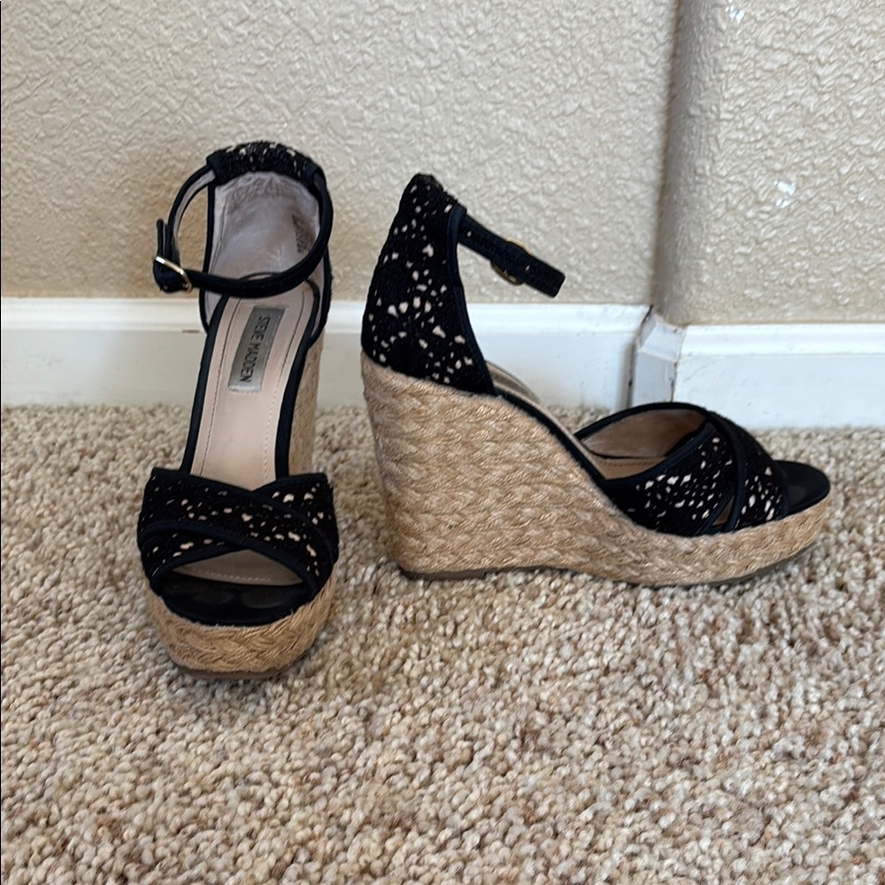 Steve Madden Black and Tan Wedge Espadrilles